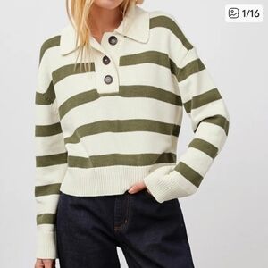 Rails Shae Polo Collar Ivory and Olive Green Stripe Preppy Sweater